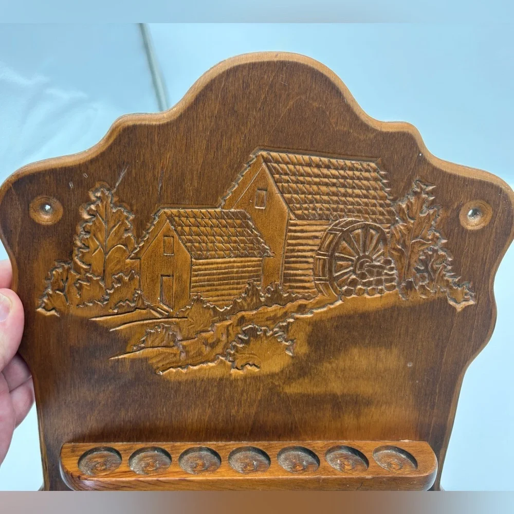 Vintage Wooden Thimble Rack Display with Carved Water Wheel Mill Design